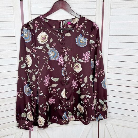 Vince Camuto Floral Puff Sleeve Button Front Blouse Brown Pink Small Wildflower - Picture 7 of 12